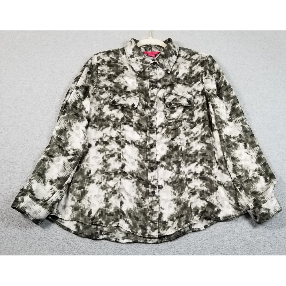 Sunny Leigh Button Up Shirt Womens L Large Abstract Print Funky Satin Blouse Top